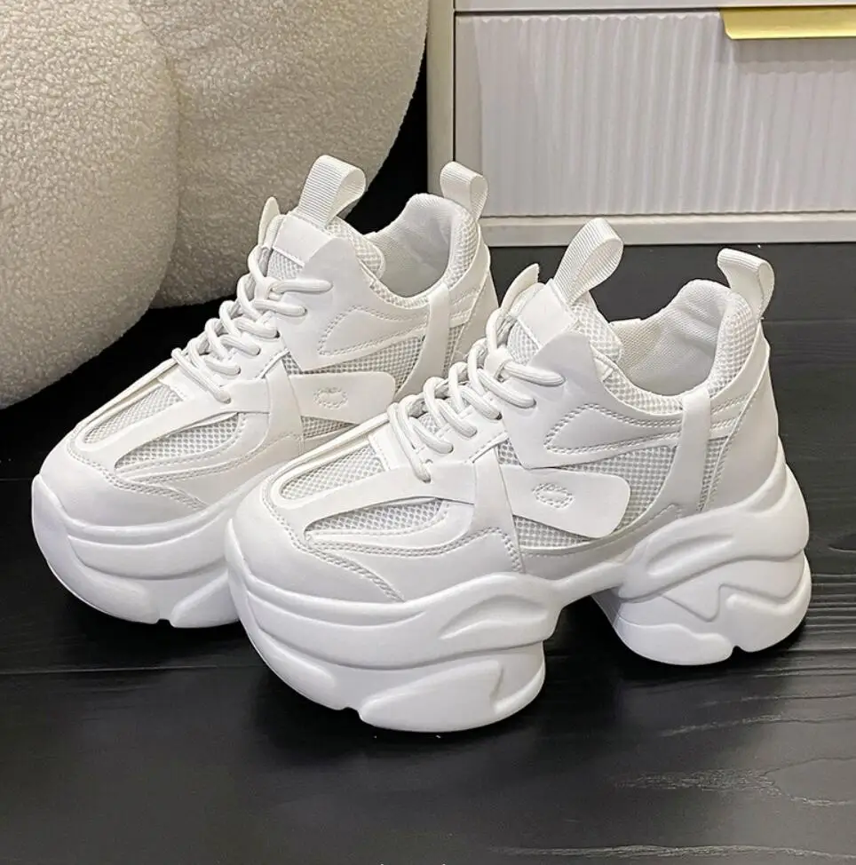 2024 Super High Heels12cm Chunky Sneakers donna autunno spessa altezza inferiore lncordonatura scarpe Casual Lady Mesh Platform Vulcanize