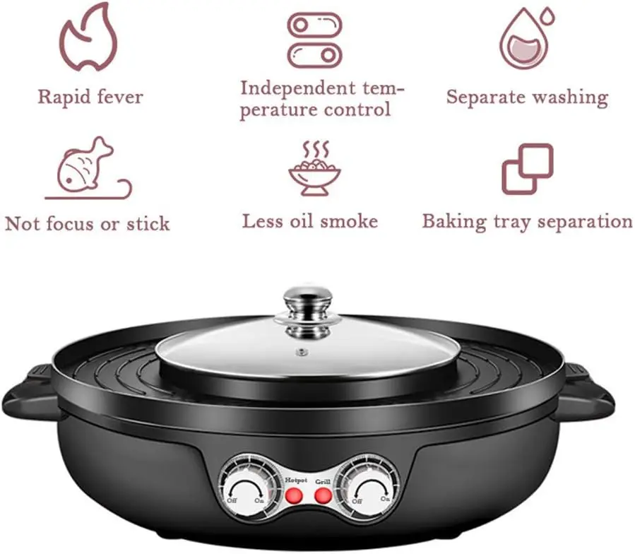 Electric Grill Hot Pot, 2 In 1 Electric Smokeless Barbecue Shabu Hot Pot Separate Pot Plate Base Dual Temperature Control Easy