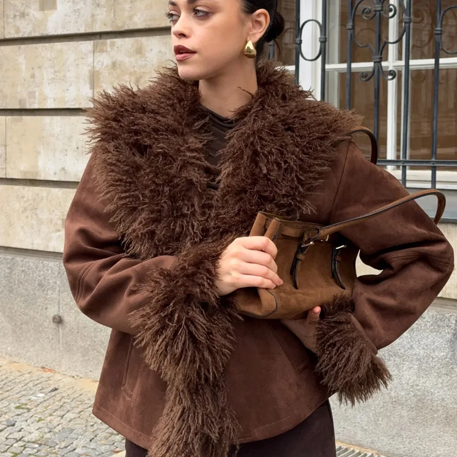 

Женская коричневая замшевая куртка из искусственного меха, осенне-зимняя теплая свободная куртка с воротником из искусственного меха, модная верхняя одежда с длинными рукавами