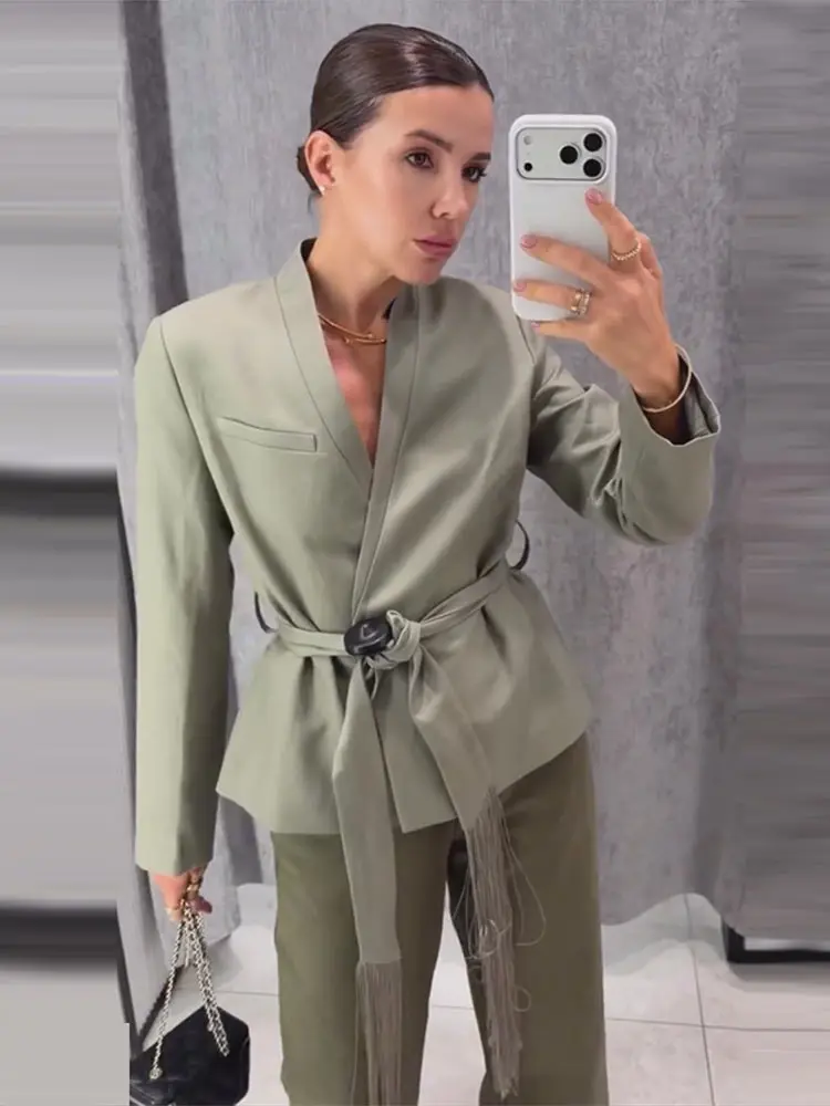 Quastenbesetzte Y-Ausschnitt-Mäntel für Damen, sexy V-Ausschnitt, seitliche Knopfleiste, lange Ärmel, Schnürung, einfarbig, schlanke Jacken, schicke Büro-Outfits, neue Oberbekleidung – Detail 7