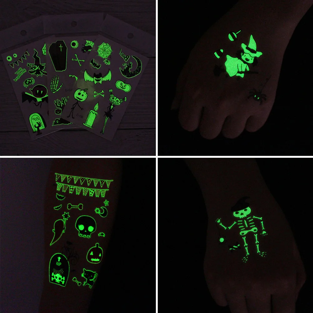 24 Blatt Leuchtende Halloween-Tattoos, Glow-in-the-Dark-Motive mit Kürbissen, Geistern und Spinnen, Halloween-Party-Zubehör – Detail 8