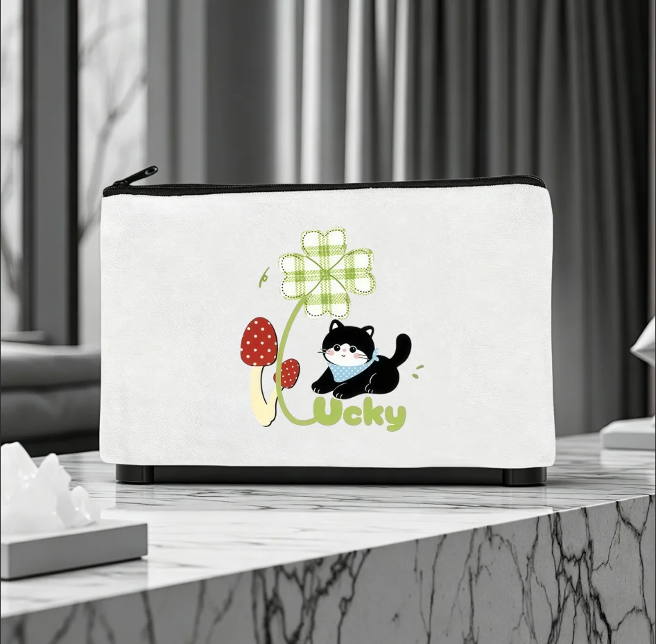 1PC Double-Side Printed Lucky Cat Clover Mushroom Canvas Makeup Storage Zipper Bag