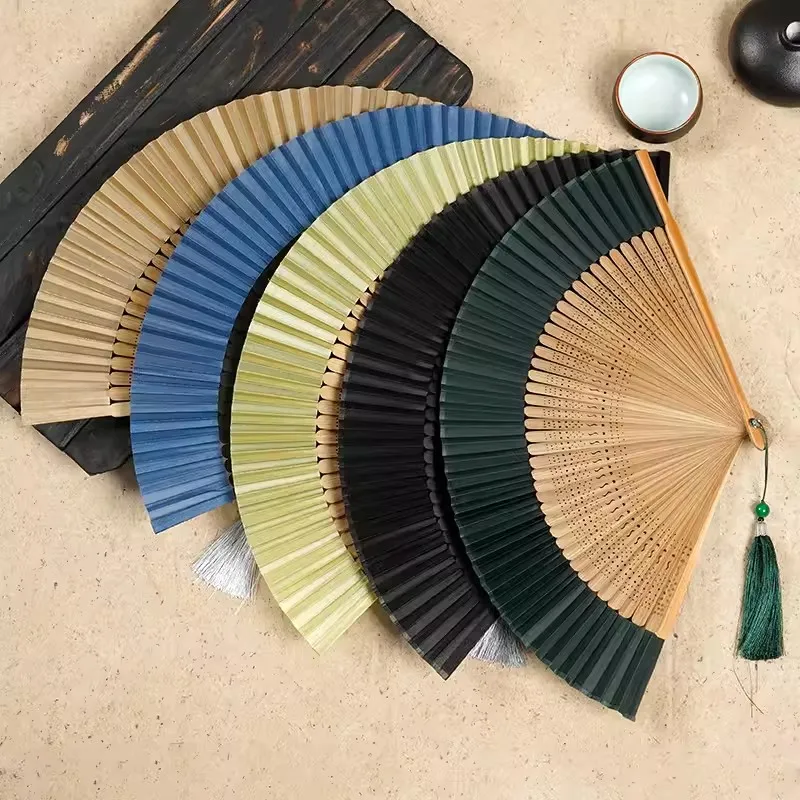 Retro Silk Cloth Bamboo Bone Folding Fan Chinese Style Simple But Elegant Patchwork Fan Hanfu Chi-pao Hand Fan Home Decor Crafts