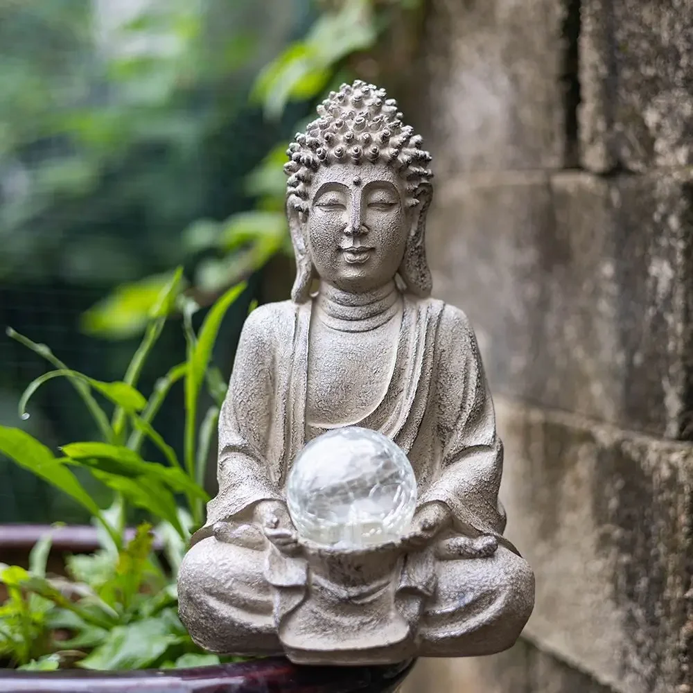 Vilead 27.5cm Buddha Sculpture with LED Light Meditating Zen Figurines Resin Patio Yard Lawn Ornament Interior Home Decor Garden