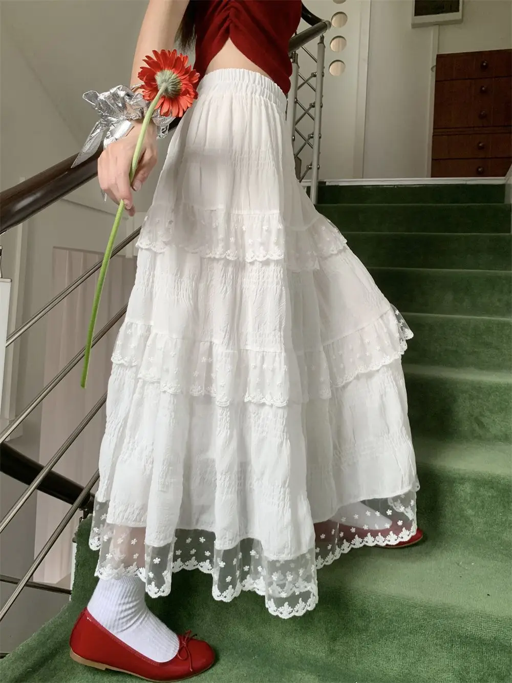 

2025 White Midi Skirt Women Design Lace Cake Skirt Spring Summer High Waisted French Long Big Swing A-line Skirts