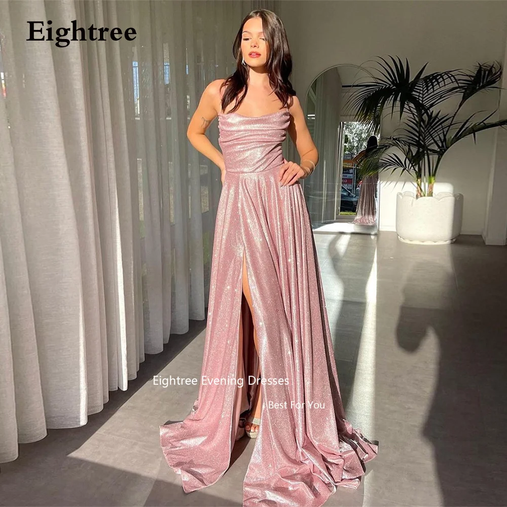 

Eightree Pink Sparkle Evening Dresses Long A Line Glitter Slit backless Spaghetti Straps Party Dresses Robes De Soirée 2024