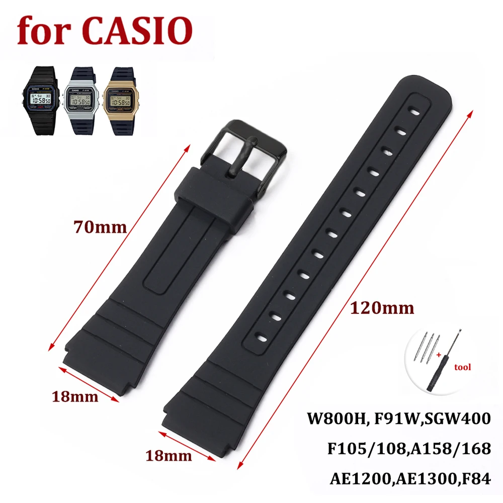 Silicone Watch Strap for CASIO F91W W-800H 18mm for W800H SGW400 F91W F84 F105/108 A158/168 AE1200/1300 Soft Men Wrist Bracelet