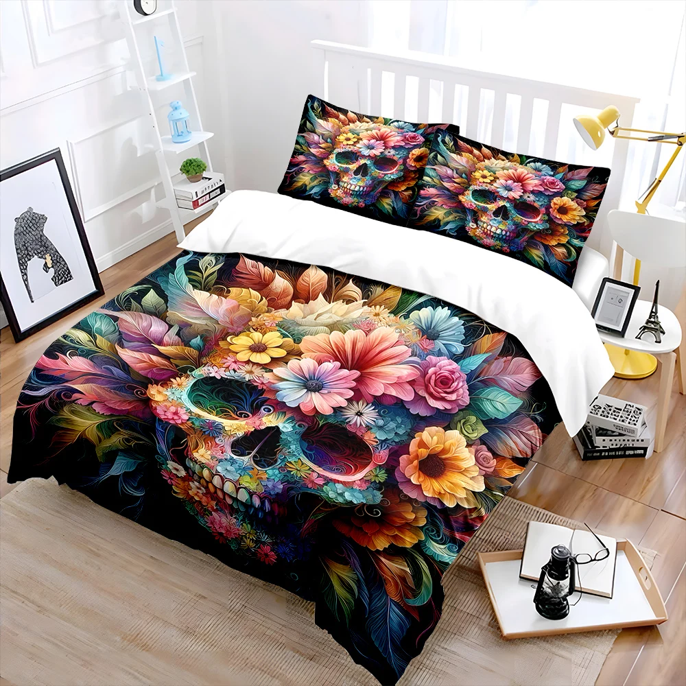 Colorful Floral Skull Decoration Print Bedding Set 1 Duvet Cover 2 Pillowcases for Adult and Children Luxury Gift Full Size