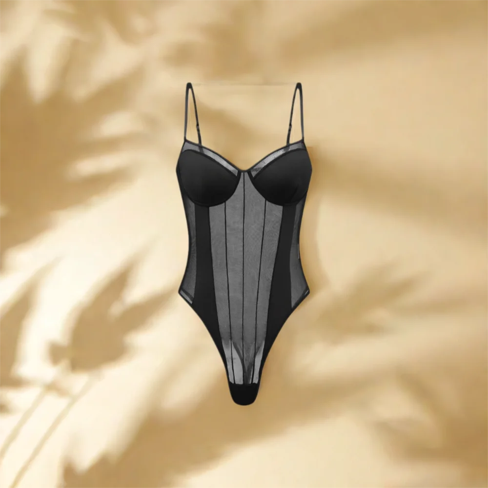 ملابس الشاطئ شفافة عميق الخامس حللا بلا أكمام سليم صالح بروتيل حللا الملابس الداخلية رومبير السراويل شبكة ارتداءها النساء فتاة