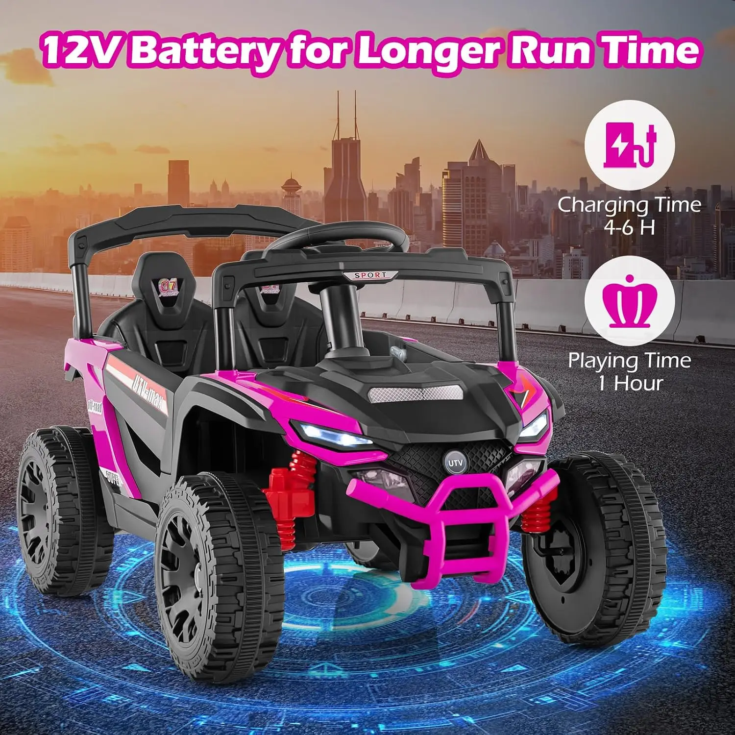OLAKIDS 12V Ride on Car UTV, Electric Off-Road Truck with Remote Control, Lockable Doors, Safety Belt, Horn, Music, Lights, 4 Wh