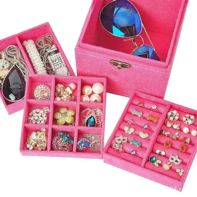 新しい多機能三層レザー引き出し式ジュエリーボックス、イヤリングロック付きジュエリーボックス、ネックレスリング収納ボックス