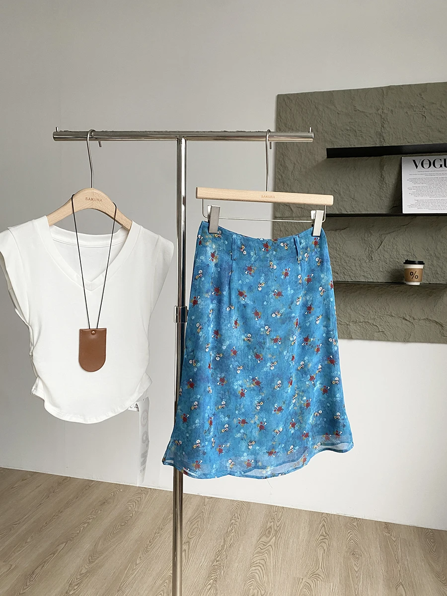 

Нежная шифоновая юбка миди с цветочным принтом, высокой талией, прямым кроем, средней длины, с дизайном «рыбий хвост», в деловом стиле для молодых женщин