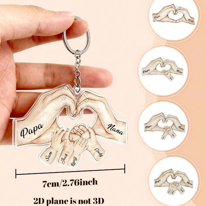 Acrylic Holding Hands Family Name Customized Keychain 2D Personalized Mothers Fathers Day Kids Hand Name Keyring Memory Gift