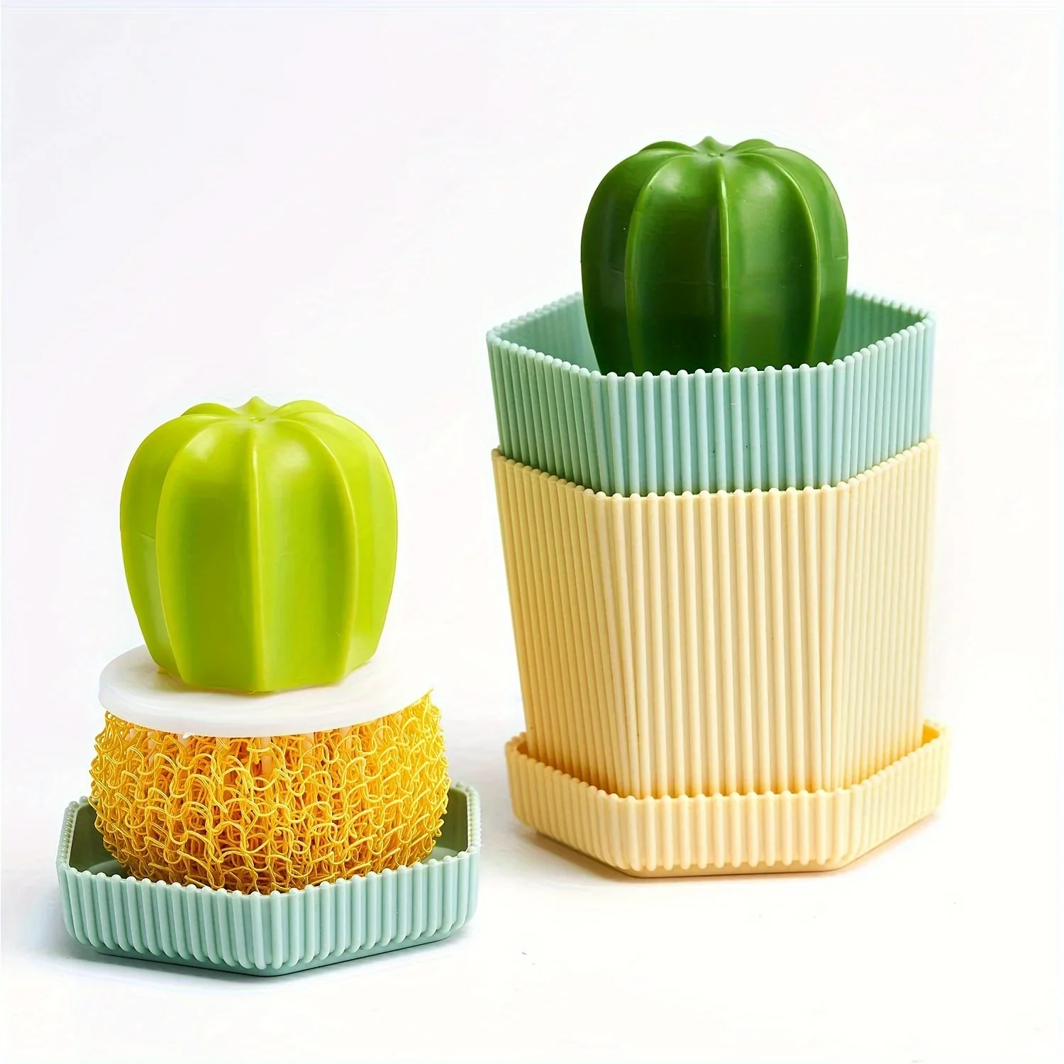 5pcs Cactus Mini Cleaning Brush Set (With Drip Tray) – One Handle with Three Replacement Brush Heads, Plus a Drip Tray And Base