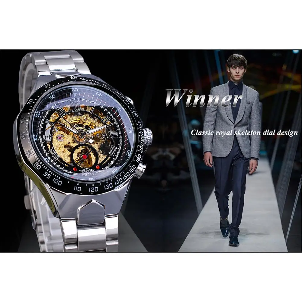 Winner Classic Series Golden Movement Steel Mens Skeleton Man Wrist Watch Mechanical Top Brand Luxury Fashion Automatic Watches