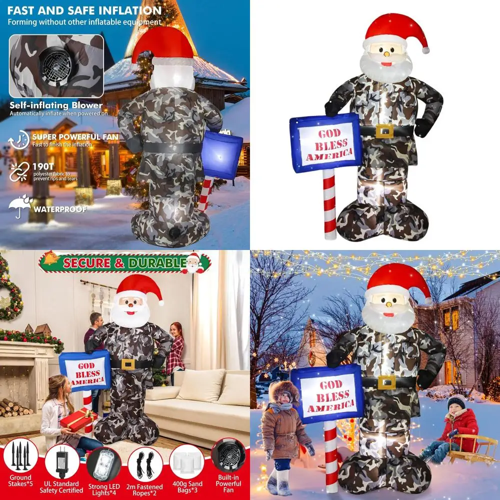 

7-футовое высокое камуфляжное надувное рождественское украшение Санта-Клауса со светодиодной подсветкой для газона и сада