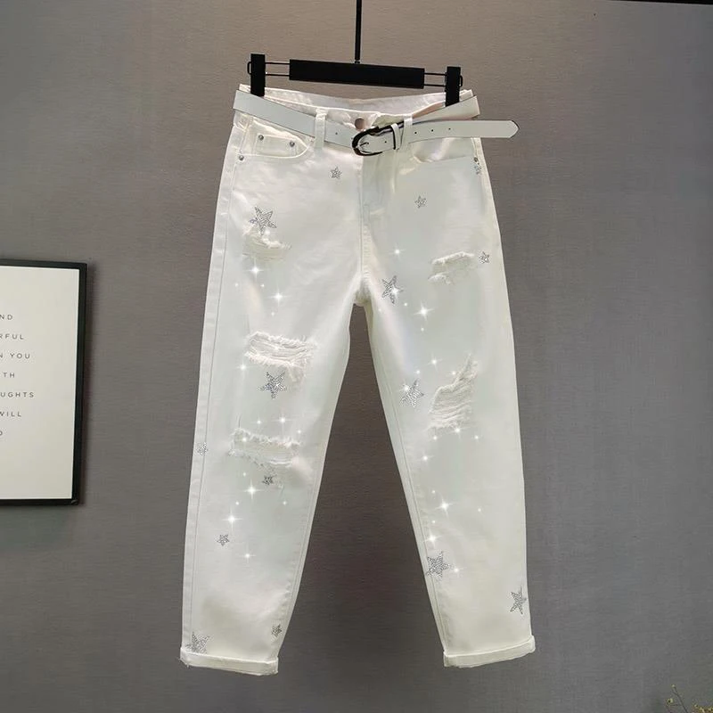 

Autumn Winter Harajuku Y2K Sequined Hole Jeans Ladies Solid Color Loose Casual Personality Straight Trousers Women's Clothing