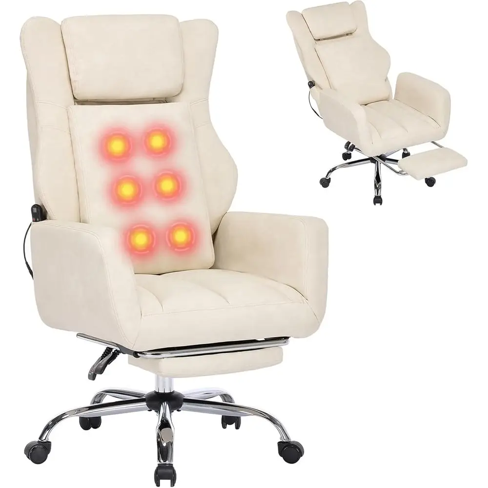 

Эргономичное офисное кресло с массажем, подставкой для ног, поясничной опорой, регулировкой высоты и кожаной обивкой бежевого цвета для гейминга