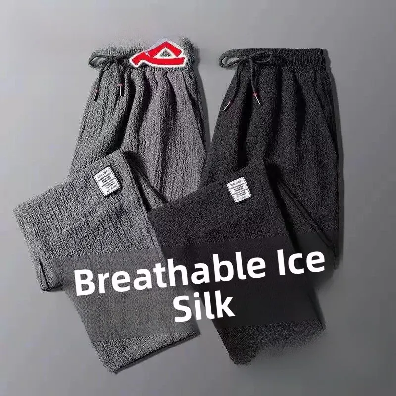 

Men's Summer Ice Silk Work Trousers Wear-Resistant Dirty Proof Large Size Breathable Elastic Casual Straight Leg Pants