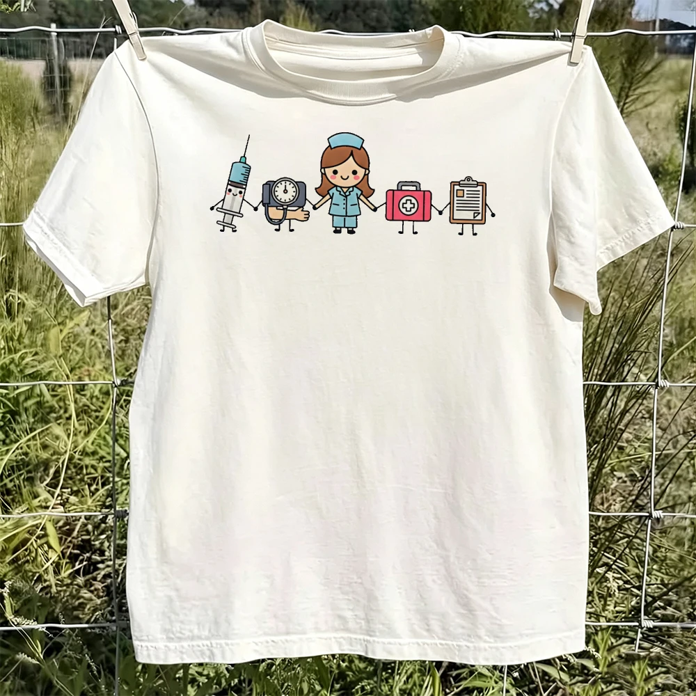 Nurse Squad Cartoon Medical Kit Print T Shirt Women Hospital Nurse Gift Cute Kawaii Doctor Tee Casual Round Neck Clothes