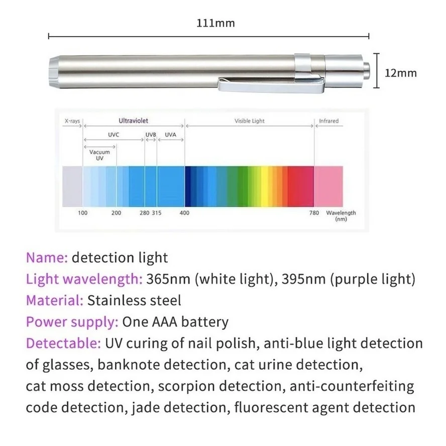 HZZKZZ LED Mini Stainless Steel Lamp 395/365 UV Flashlight Torch Ultra Violet Light AAA Battery for Marker Checker Detection