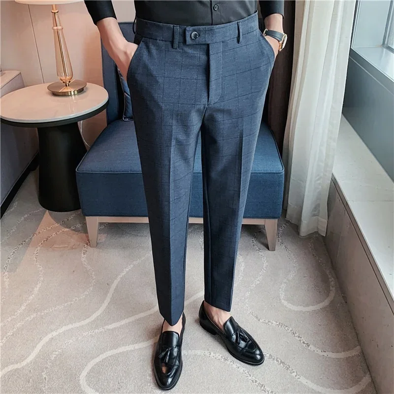 

New Plaid Suit Pants High Quality Business Casual Formal Wear Slim Fit Office Trouser Gray/Blue Brand Fashion Male Clothing