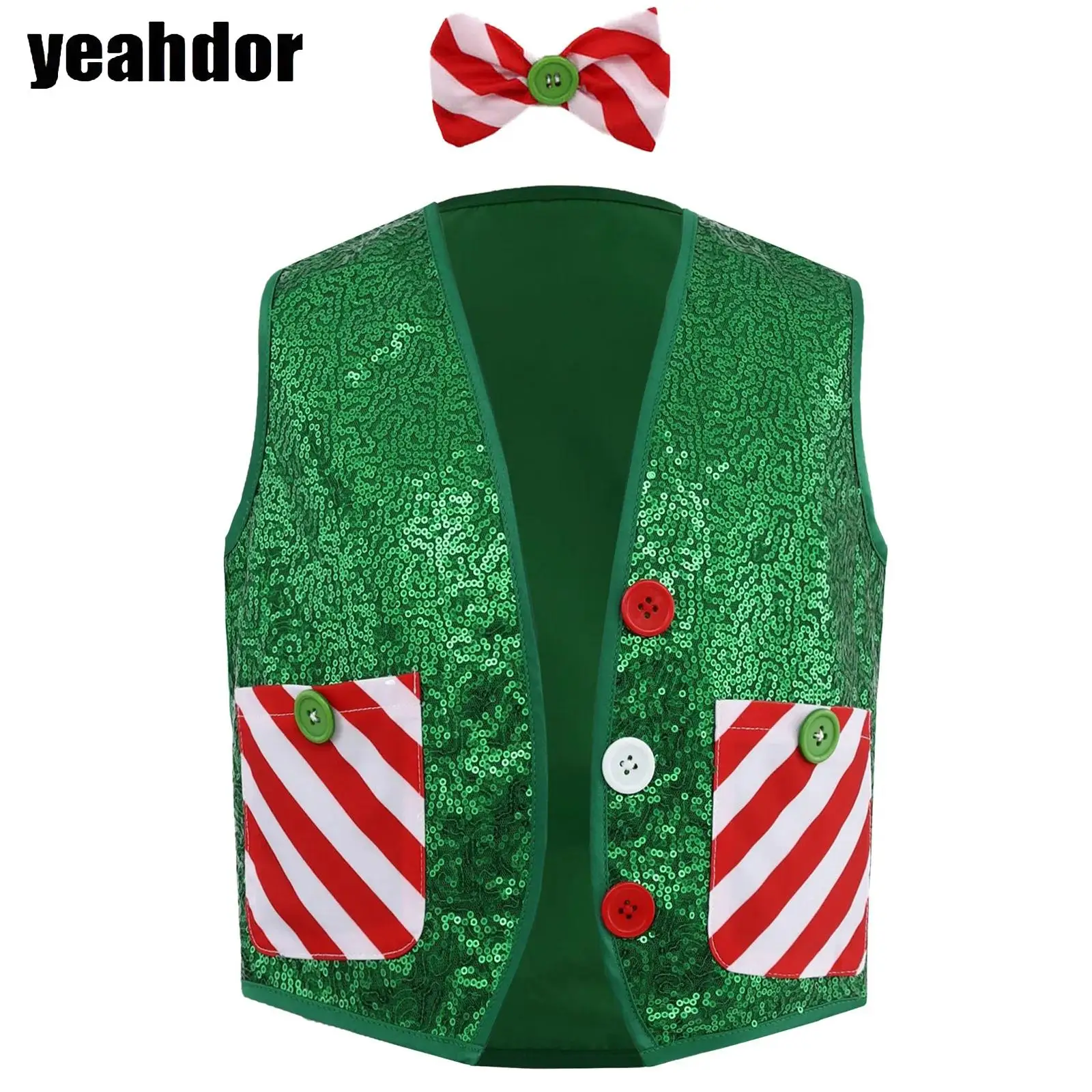 

Boys Christmas Sequin Santa Elf Vest Xmas Striped Waistcoat Jacket with Bowtie Latin Jazz Disco Dance Costume New Year Dress Up