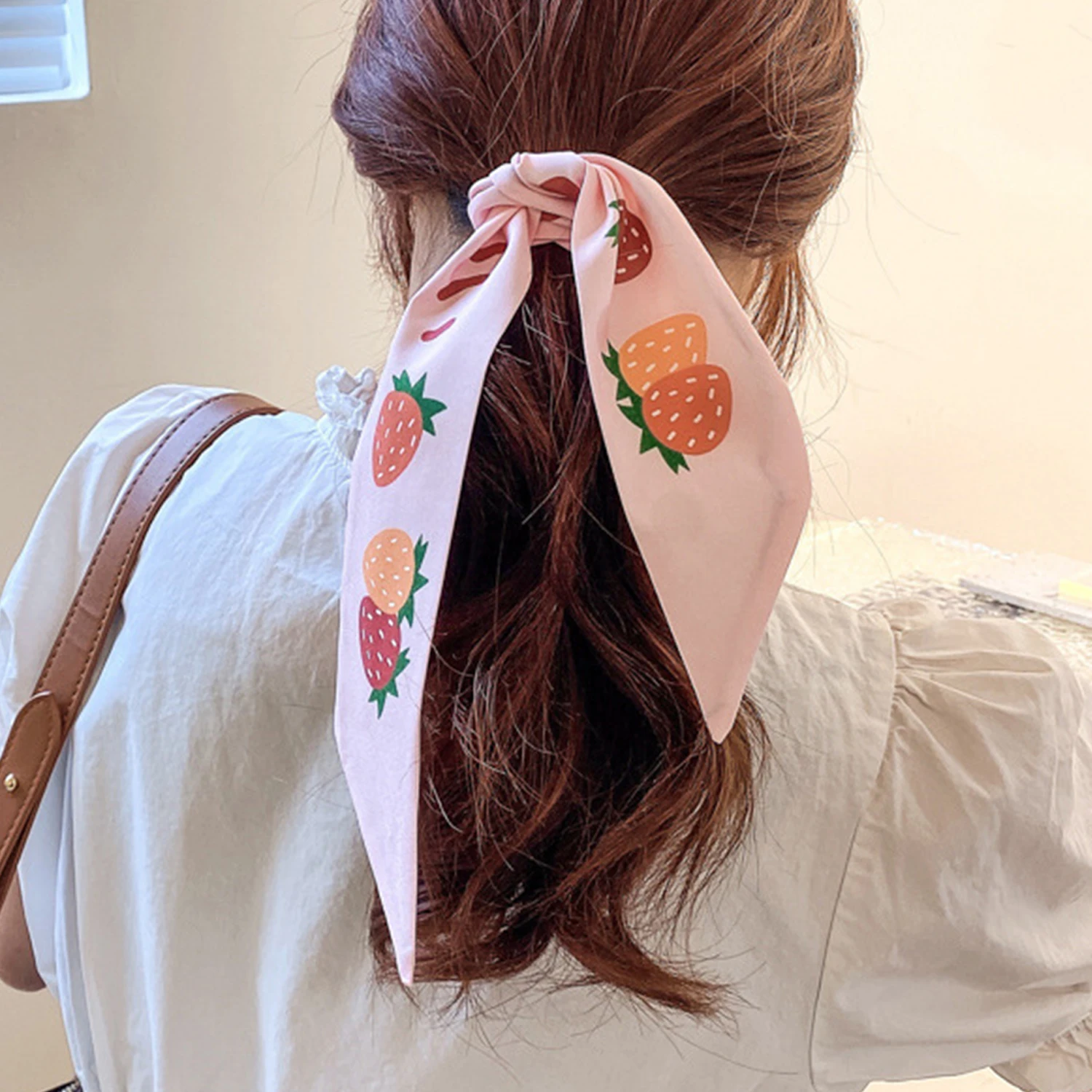 Women Narrow Thin Scarf  Fruit Print Long Silk Scarf Women Handle Bag Ribbon Multi-Function Decorative Neckerchief Hair Tie Band