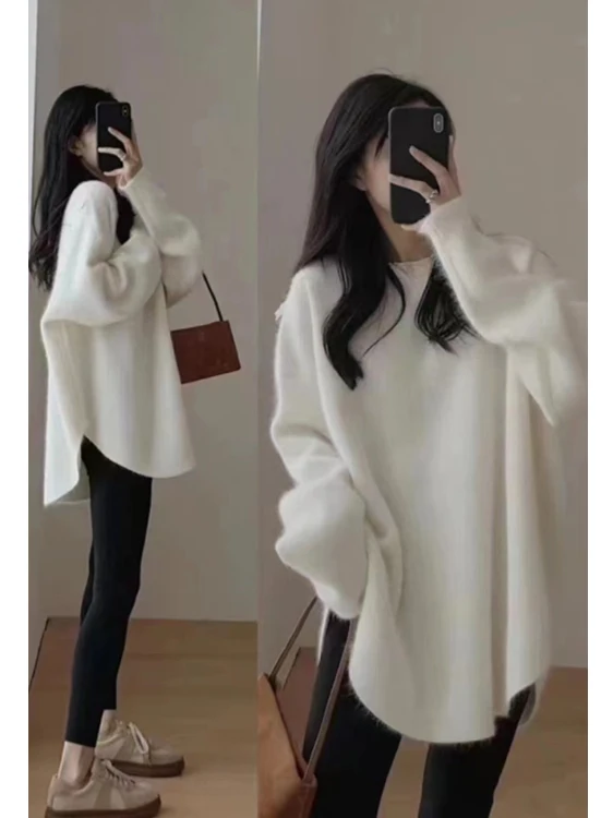 

Свободный вязаный свитер, женский пуловер средней длины с круглым вырезом Ne, мягкий удобный базовый слой, белая осенне-зимняя верхняя одежда