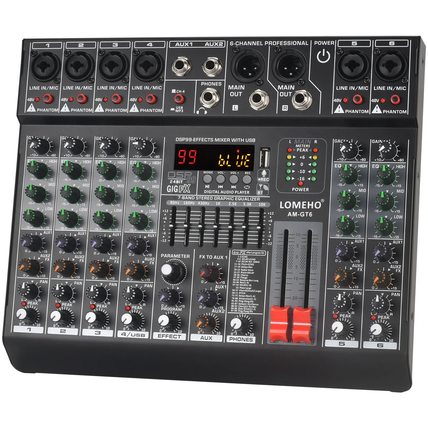 6 8 Channel Audio DJ Mixer 48V XLR Output Mixing Console 99 Effect 7 Band EQ Bluetooth Play USB Record Sound Table AM-GT6/8