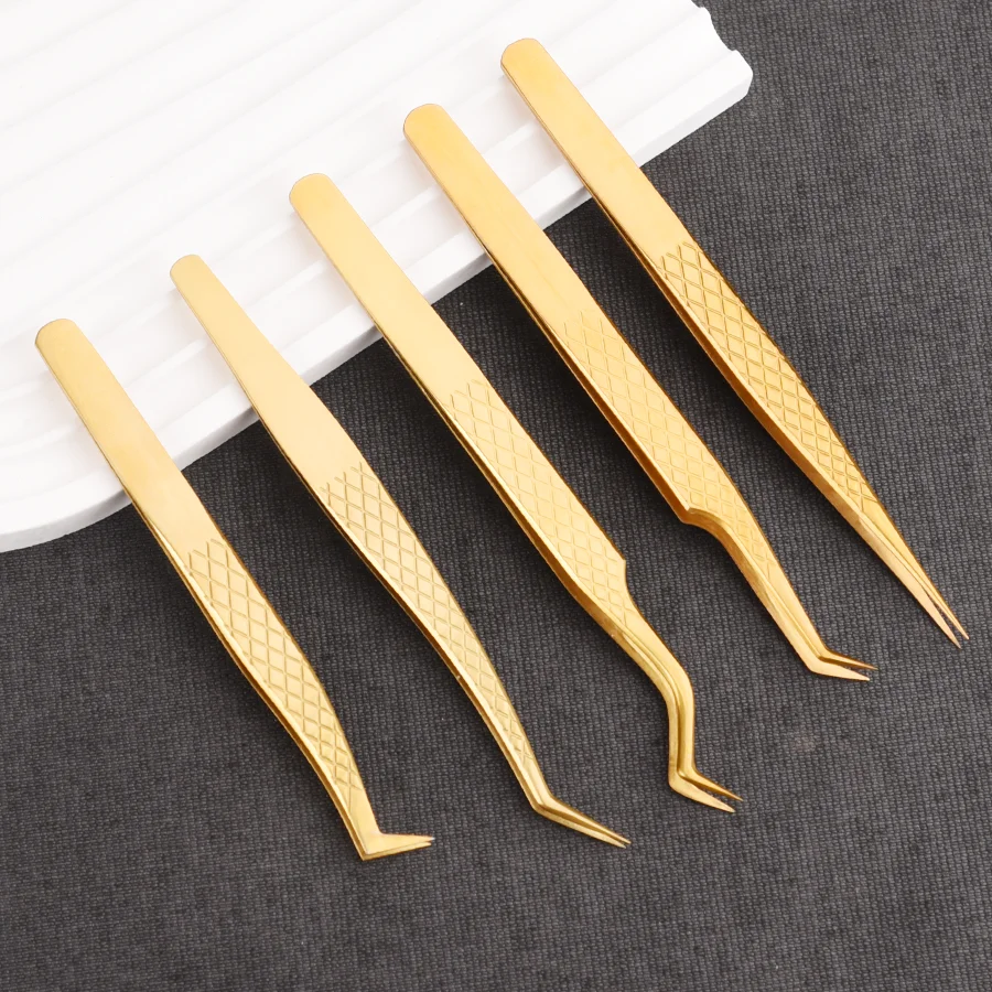 1pc Eyelash Tweezers for Extension Golden Stainless Steel High Precision Tweezer for Volume Fans Professional Tools