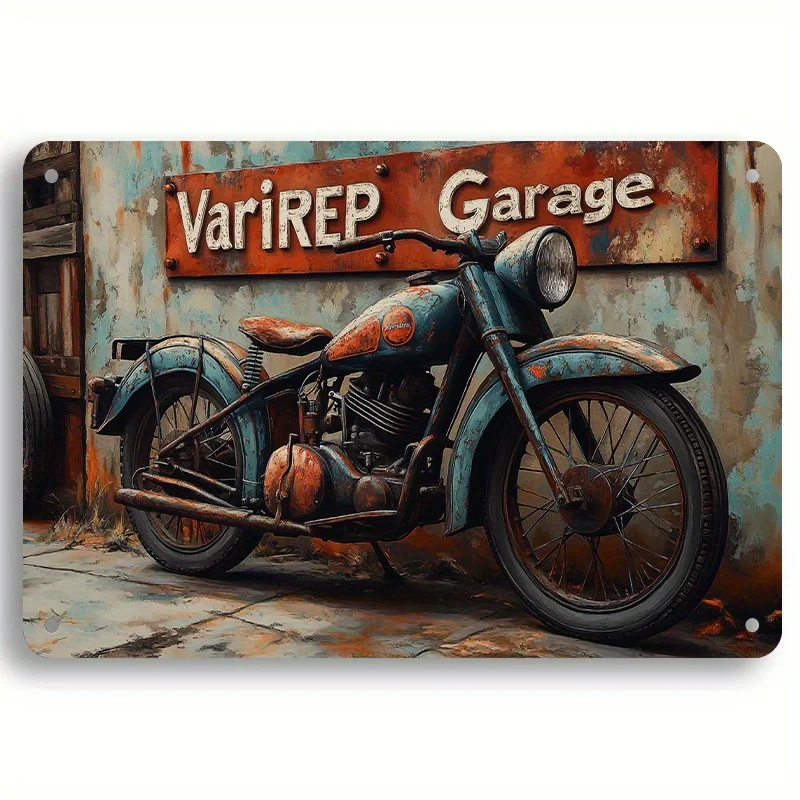Vintage Motorcycle& Architecture Metal Tin Sign-  Retro Wall Art for Home, Garage, Club, Restaurant Decor| Easy Hang with Pre-Dr