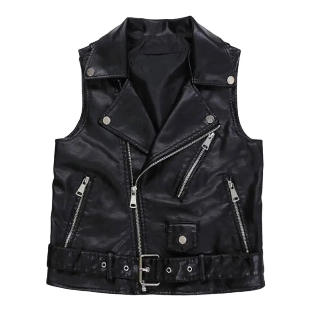 Lady Waistcoat Solid Color Women Waistcoat Stylish Women's Faux Leather Vest with Belted Turn-down Collar Zip-up for Commuting