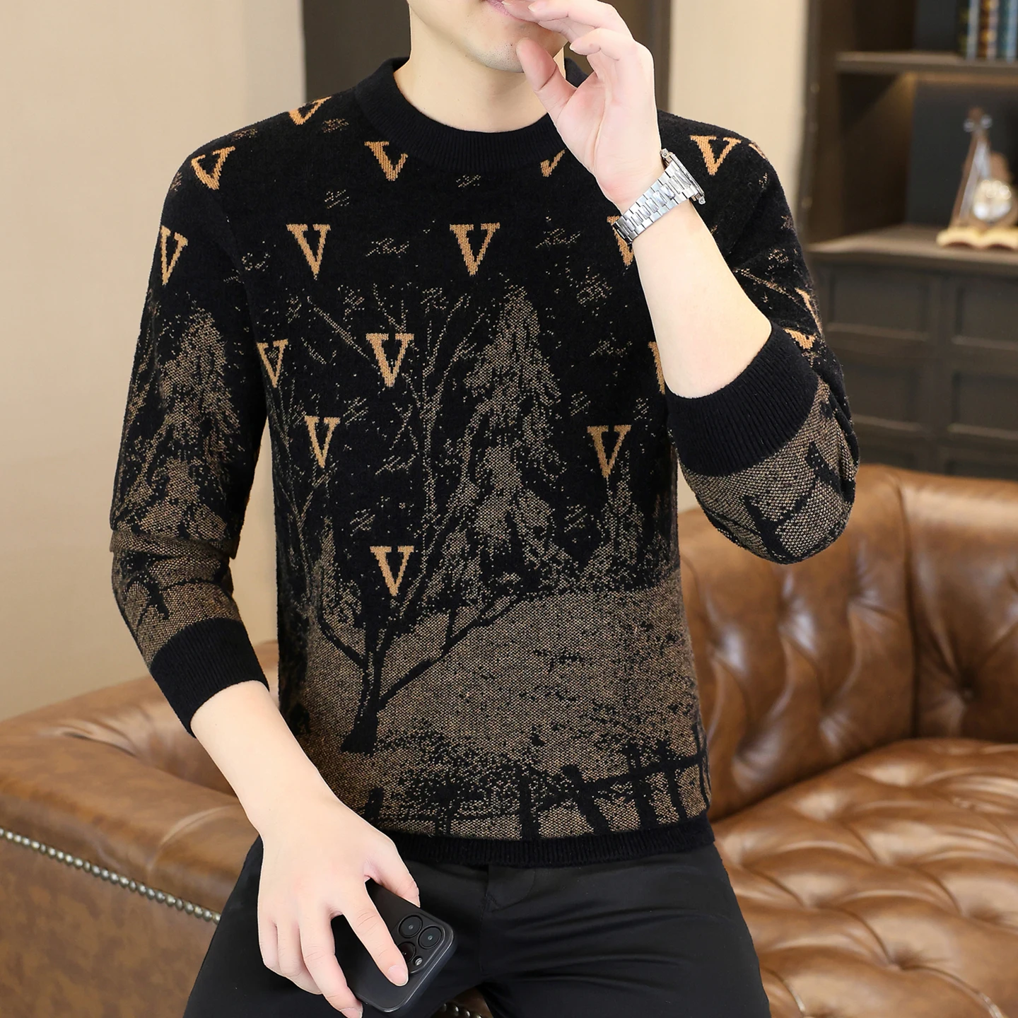 

Новый мужской вязаный свитер 2025 года: повседневный корейский стиль, модный, универсальный, молодежный трикотаж для весны и осени, с длинным рукавом, круглый вырез.