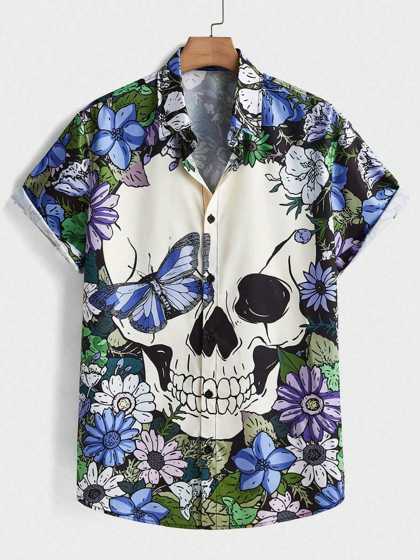 

Men's casual skull floral print women's short-sleeved shirts fashion personalized button short-sleeved tops