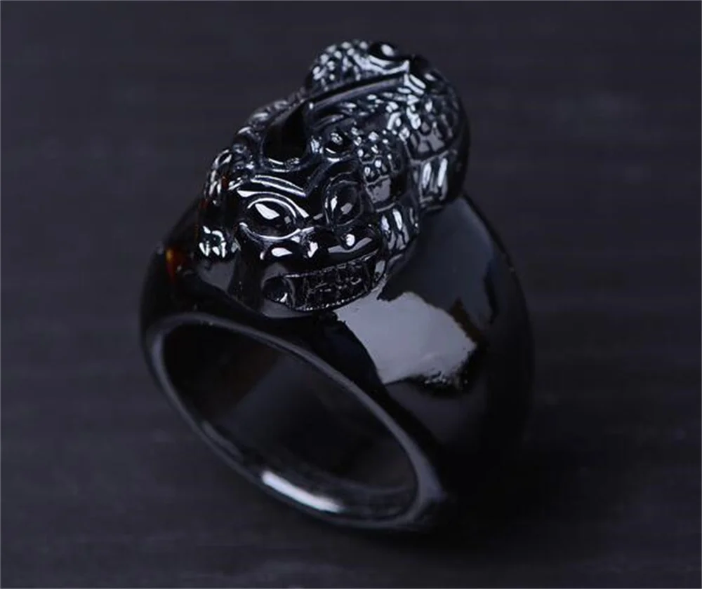 Retro Natural Black Obsidian Carved Chinese Amulet PiXiu Lucky Thumb Ring Vintage Man's Rings Luxury Jewelry Gifts 19-22mm