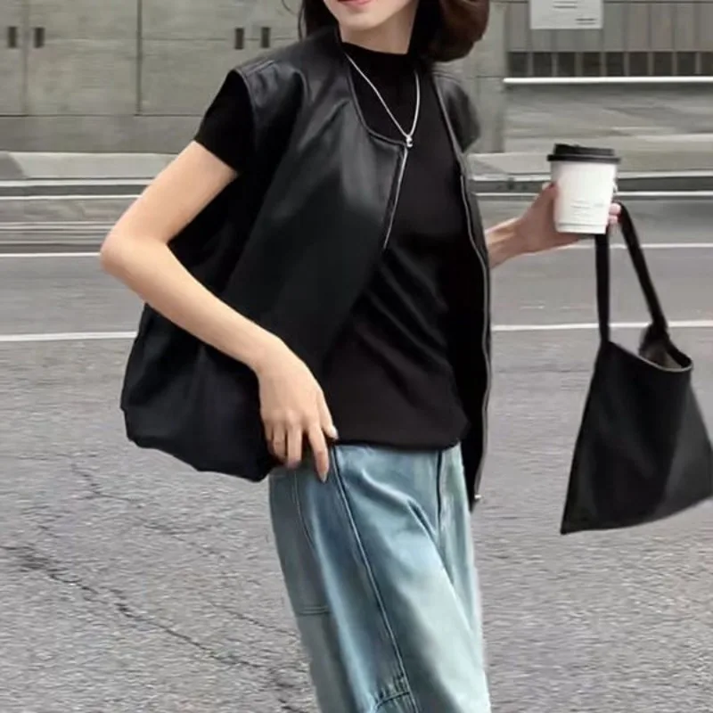 European Style PU Vests Women Streetwear Solid Casual Stylish Vintage Aesthetic Autumn All-match Outwear Ladies Classic Coats