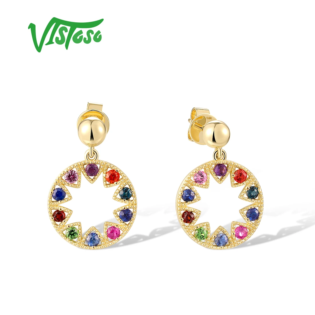 

VISTOSO Real 14K 585 Yellow Gold Earrings For Women Sparkling Colorful Gems Dangling Round Exquisite Party Gifts Fine Jewelry