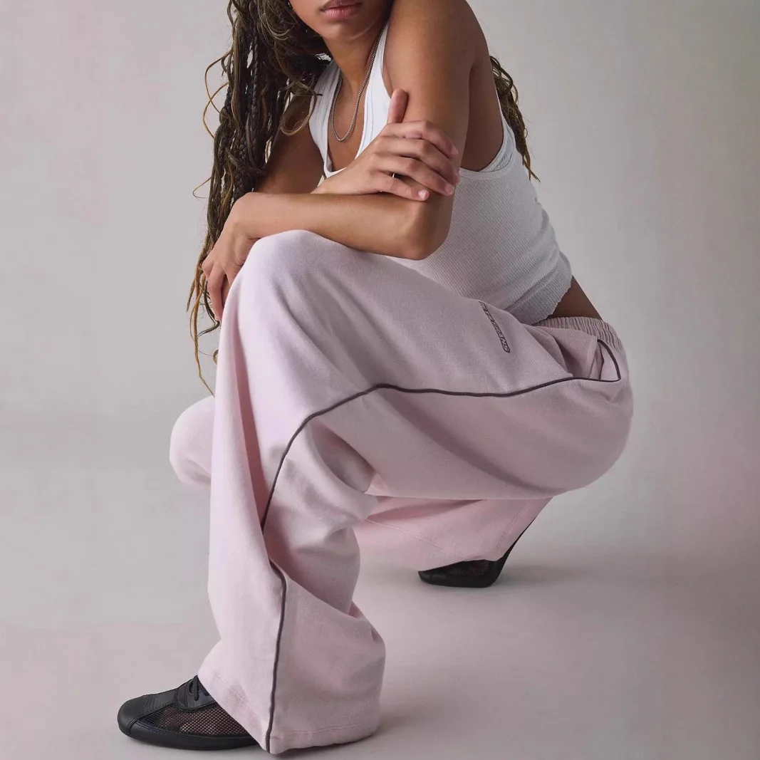 Pantalones Casuales جديد الوردي المطرزة سراويل تقليدية للنساء فضفاضة ومريحة مستقيم مرونة الخصر بنطلون 2025 جديد