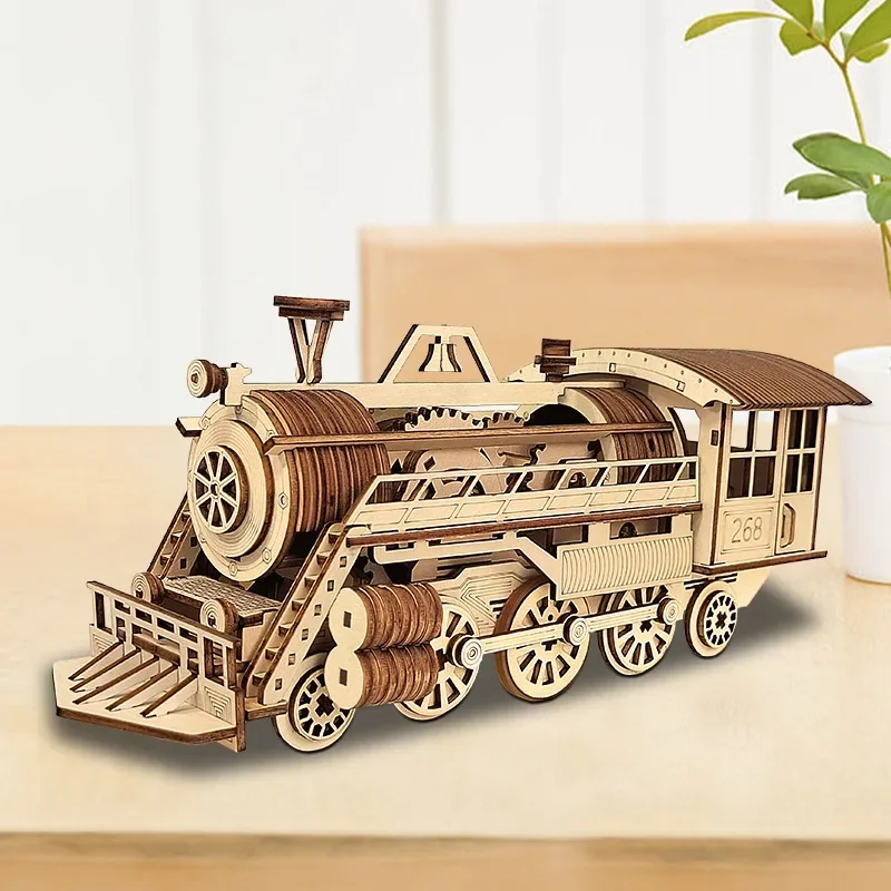 Drewniane puzzle 3D mechaniczna transmisja Model pociągu parowego Handmade DIY montaż zabawki edukacyjne układanka modele budowlane zestawy