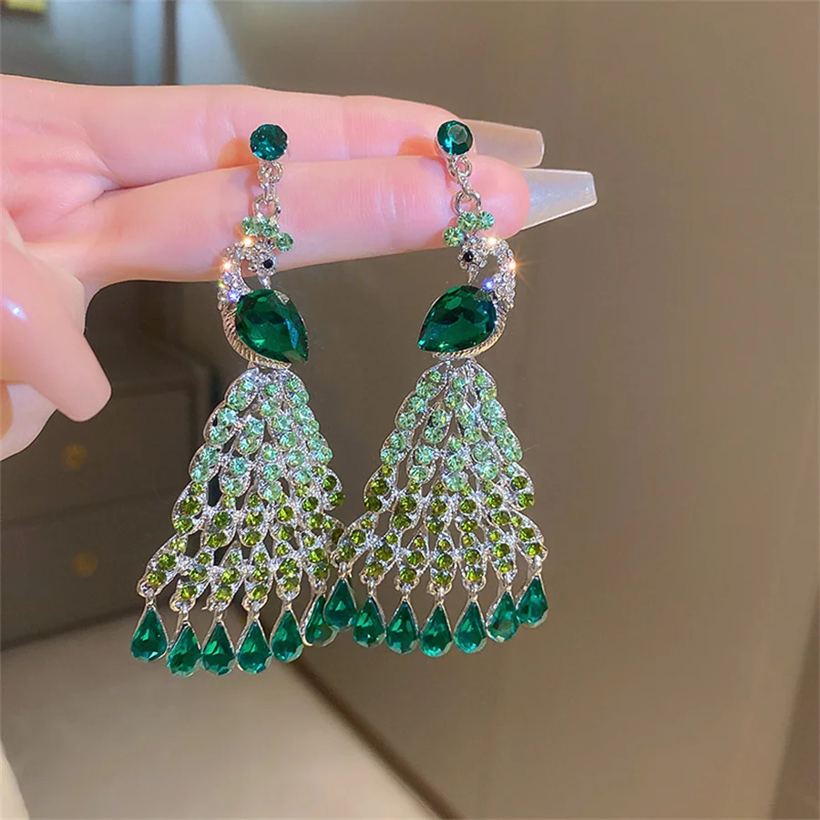 Luxe Pauw Strass Oorbellen Dames Lange Groene Kristallen Oorbellen Voor Vrouwen Bruiloften Bruid Sieraden