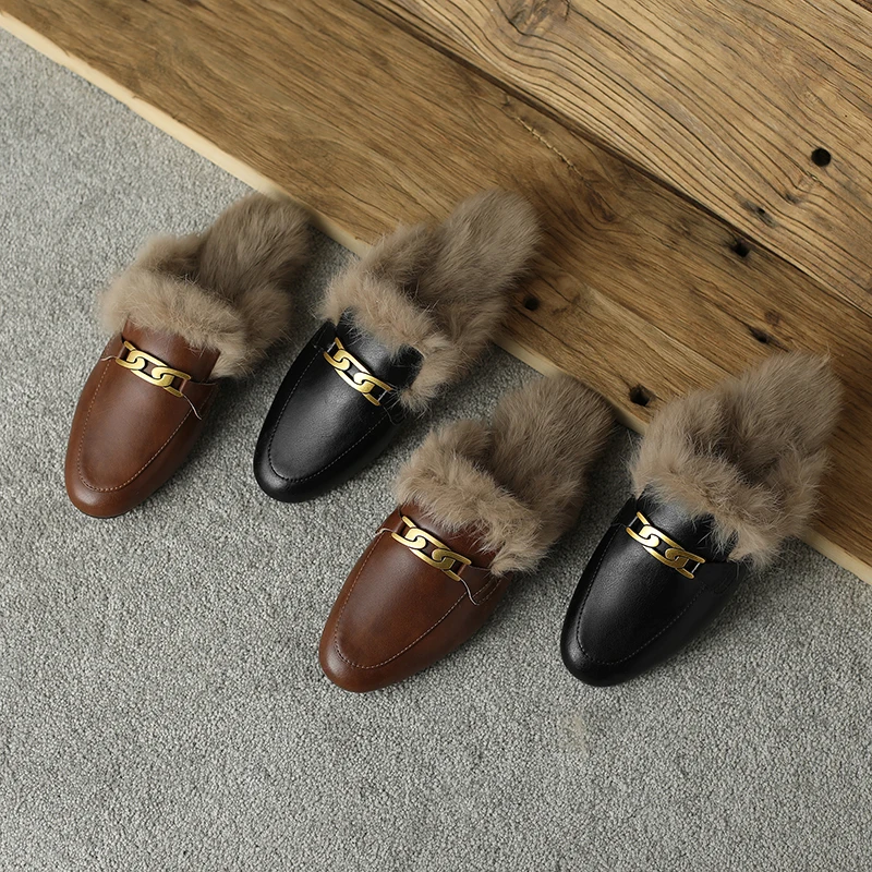 

Genuine leather（Cowhide rabbit fur) Autumn and winter women mules slipper Cover Toe Elegant Slippers Low heel Casual Loafers