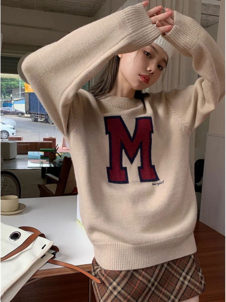 Autumn Sweater Woman O Neck Korean Fashion Letter Knitted Pullover Oversize Loose Casual Thick Sweaters&Jumpers for Women 2023