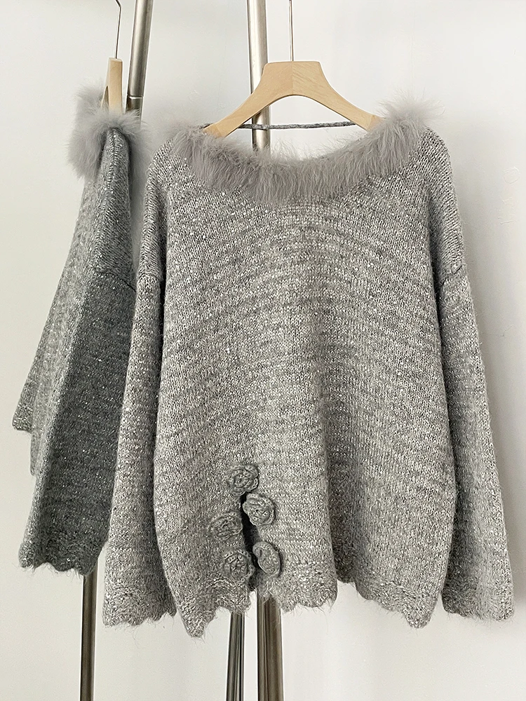 Veste en tricot avec nœud à fleurs pour femme, pull ample à paillettes, en vraie fourrure de renard, longueur au dos, nouvelle collection printemps-automne