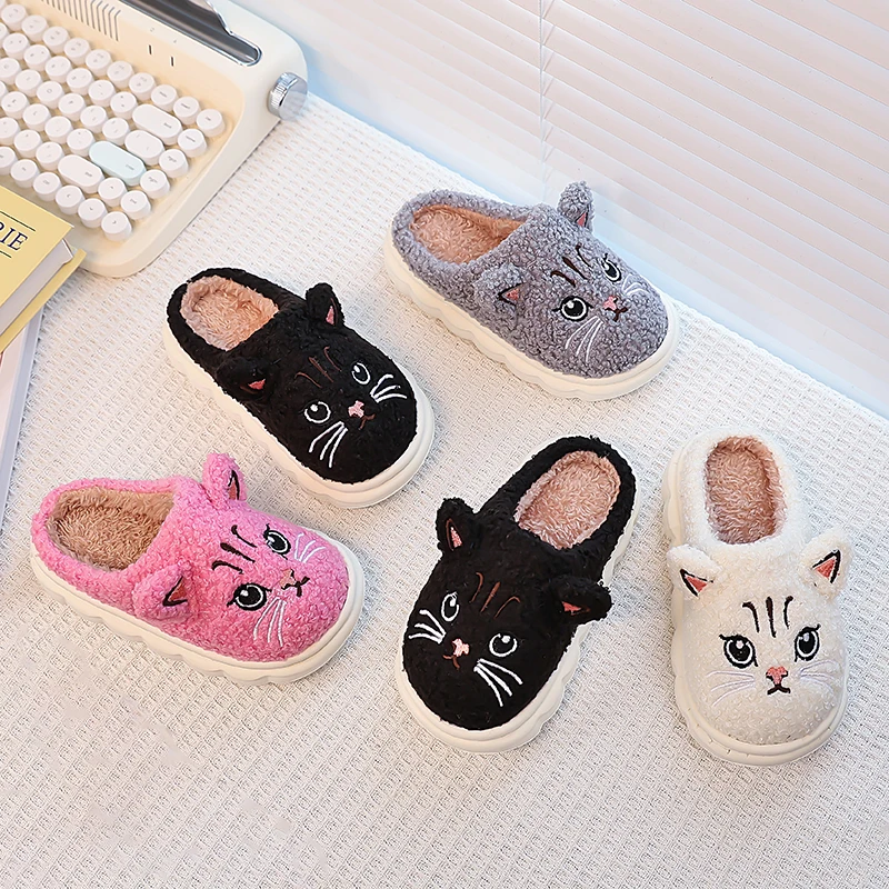 

Winter BoysGirl's Slippers Round Toe Slip-on Cat Chunky Cute Kid's Flat Shoe Solid Color Anti-slip Warm Soft Children Shoe 7-12Y