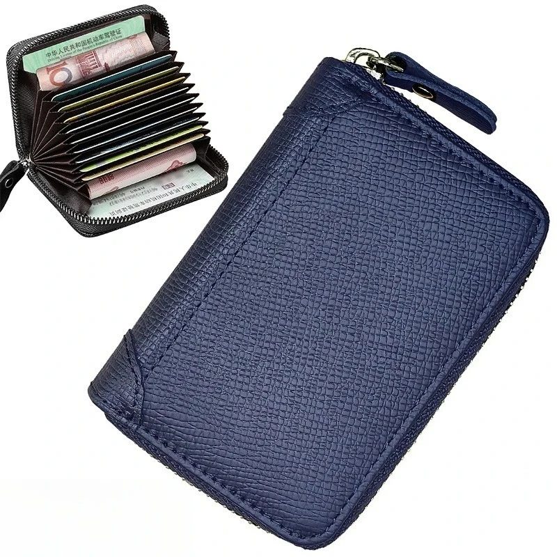 Bolsa para tarjetas Rfid de cuero genuino Sle de negocios de alta calidad, cartera con cremallera de posiciones múltiples, ranura para tarjetas de identificación, Bla