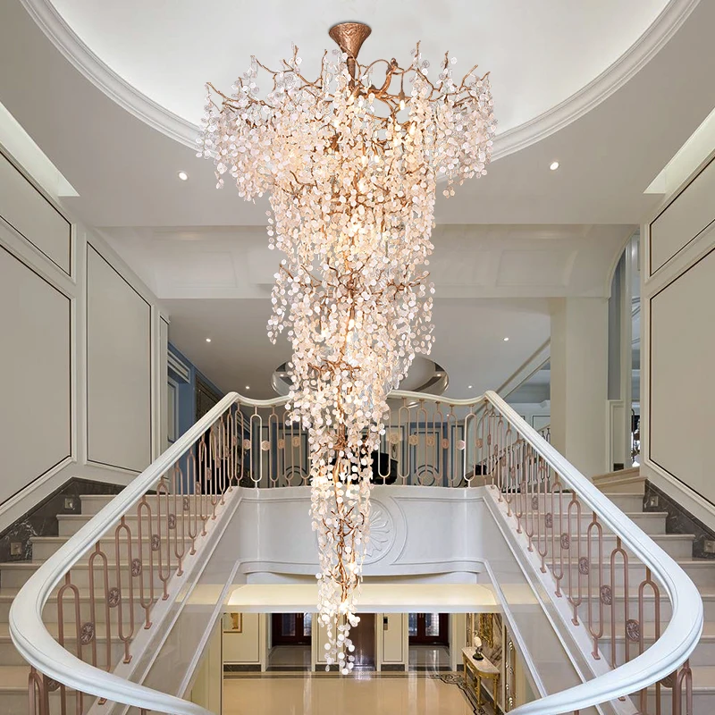 Stairwell tree branch long hanging copper duplex building villa hall hotel club hall classical creative crystal light