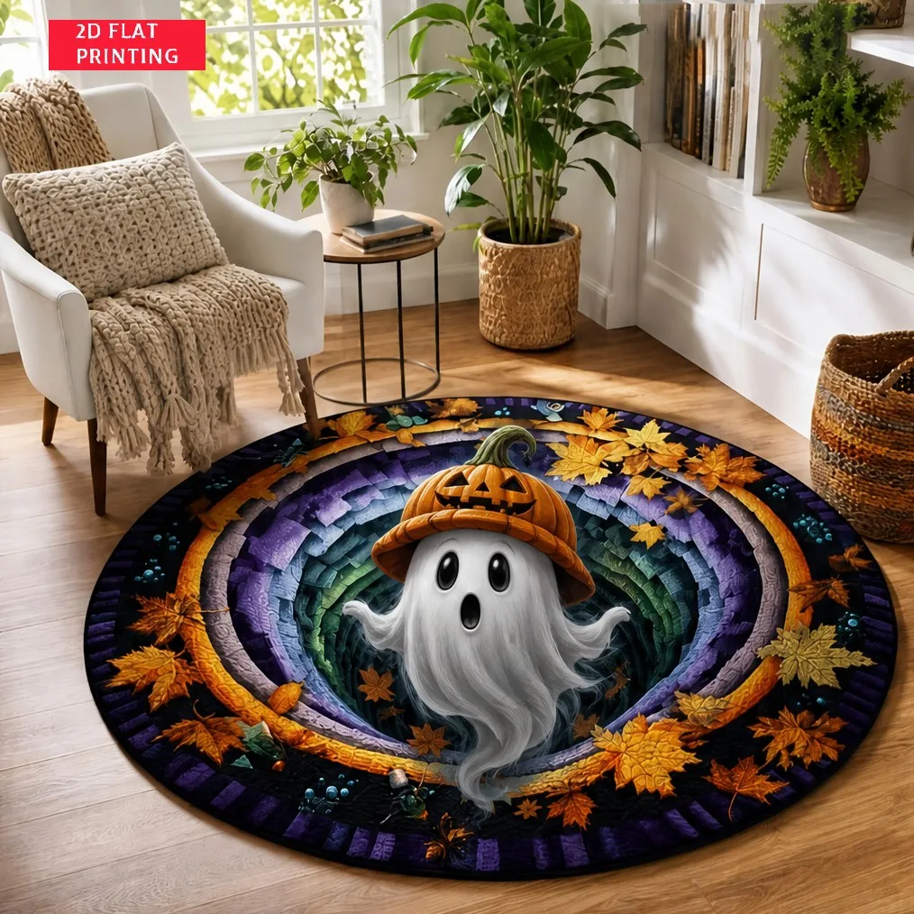 Spooky Halloween Circle Rug,2D Tunnel Black Cat Witch Hat Print Round Carpet, Fall Maple Mat for Indoor Holiday Floor Decor Rug