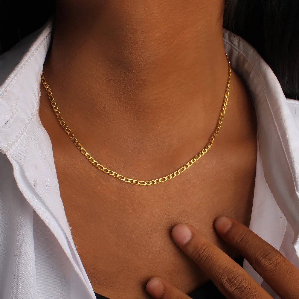 LUXUKISSKIDS 1piece 18K Gold Color PVD Plated Steel Figaro Chains Necklace Female Male Classic Solid Link Chain Sweater Jewelry