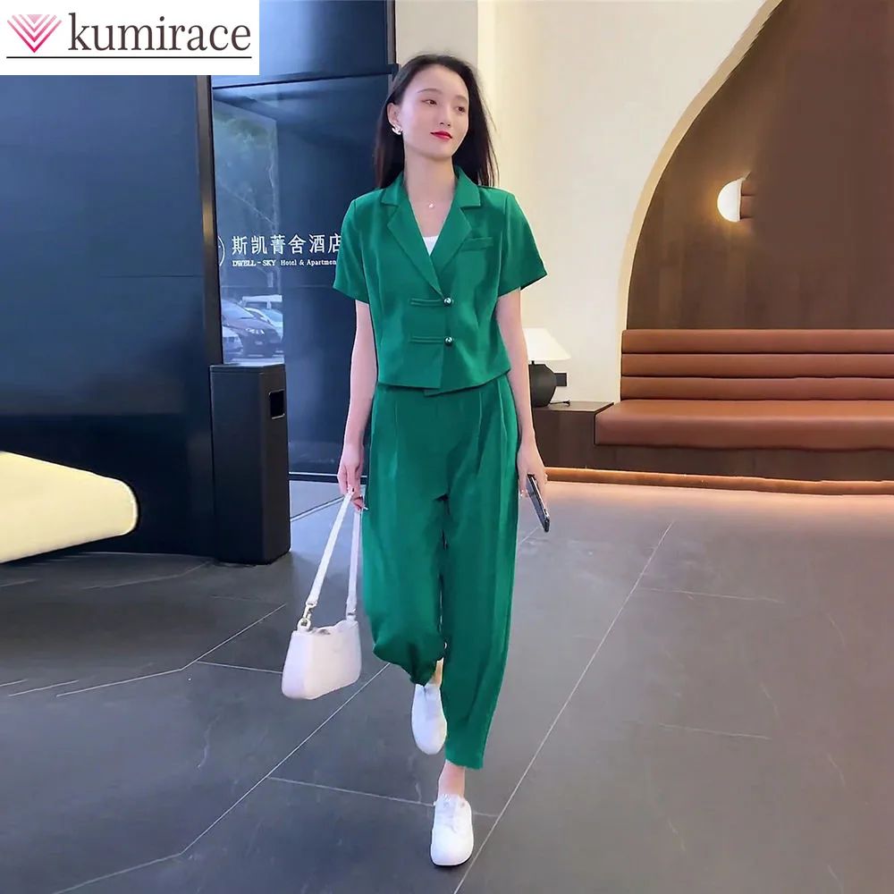 2022 Summer New Elegant Women's Pants Suit Short Sleeve Blazer trousers Two Piece Set Female Office Tracksuit Business Suit